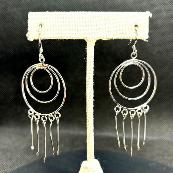VTG Sterling Silver Triple Circle Dangle Earrings Tassels French Wire Hooks 3" - Picture 1 of 7